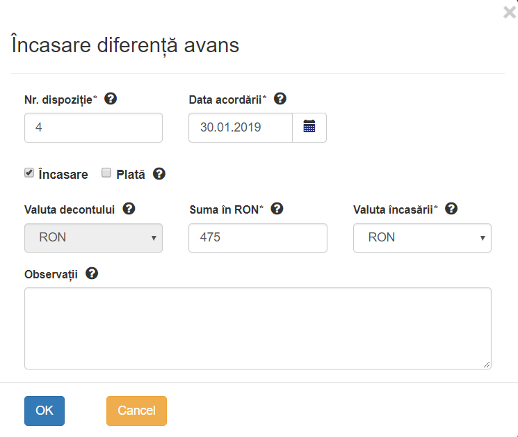 ecran completare diferență de primit sau restituit (regularizare)