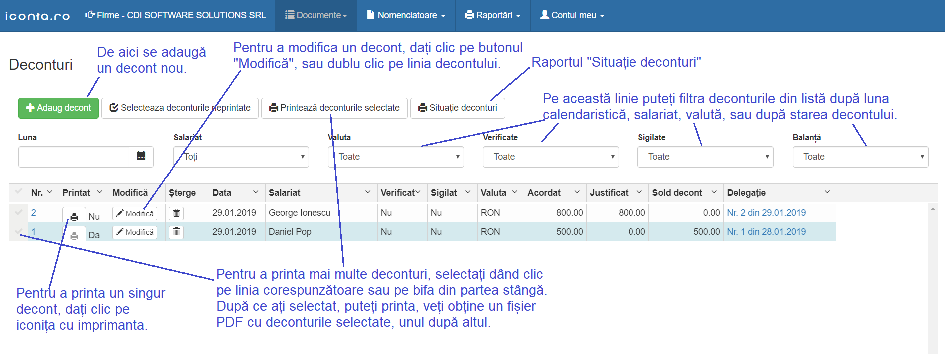 ecran lista deconturi de cheltuieli