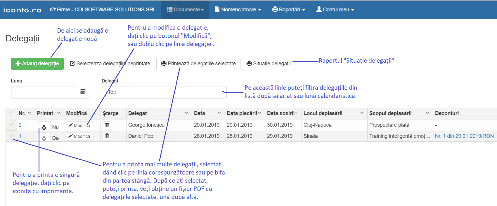 ecran lista delegații (ordine de deplasare)