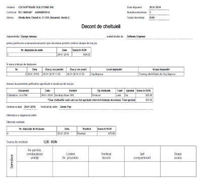 model decont de cheltuieli printat din aplicația iconta.ro